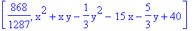 [868/1287, x^2+x*y-1/3*y^2-15*x-5/3*y+40]